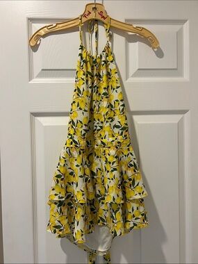 Parker Yellow and Green Lemon-Print Halter Keyhole Peplum Top